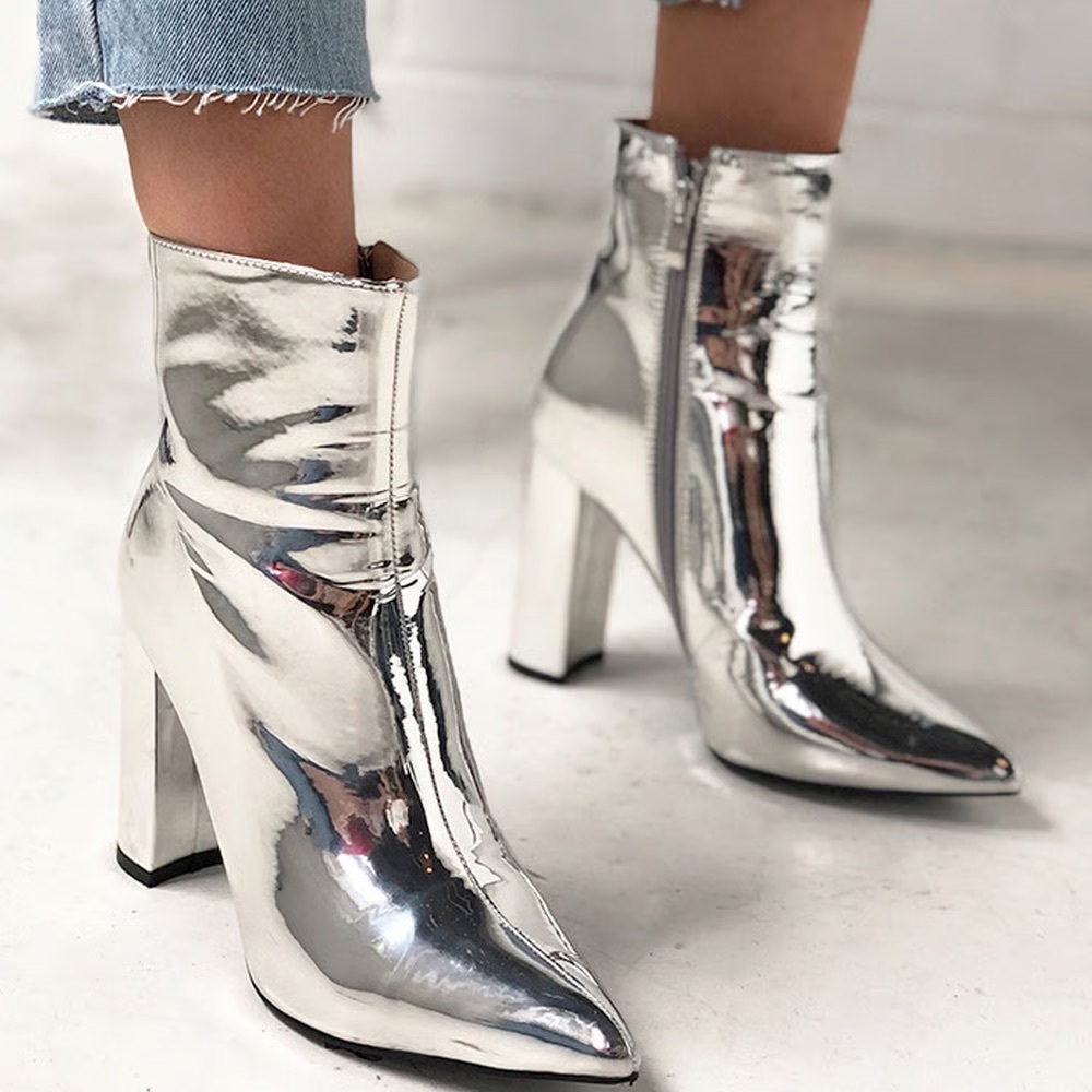 Matiko Silver Heeled Boots with Futuristic Design